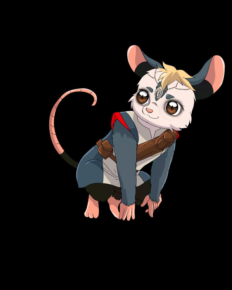 May include: A digital illustration of a mouse-like creature in a crouching position. The creature has a white face, large brown eyes, and large ears with pink and black accents. It wears a blue and red outfit with a brown belt and a tail.