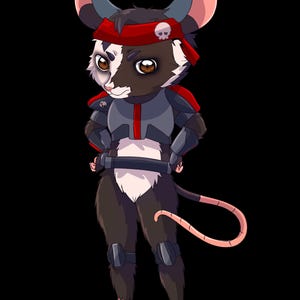 May include: A cartoon illustration of a mouse character wearing a red headband with a skull, gray armor, and knee pads. The mouse has brown and white fur, with a pink tail and ears. The background is black.