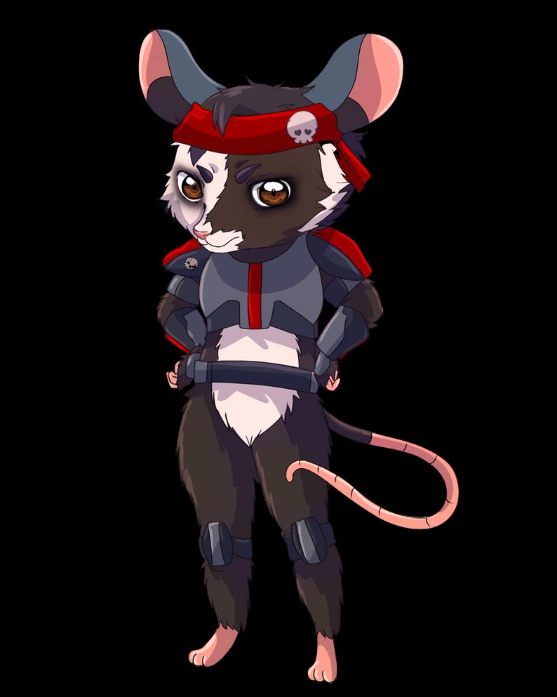 May include: A cartoon illustration of a mouse character wearing a red headband with a skull, gray armor, and knee pads. The mouse has brown and white fur, with a pink tail and ears. The background is black.