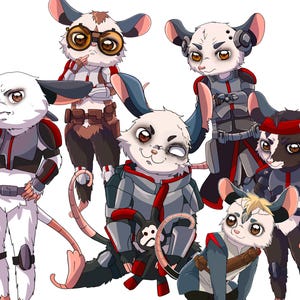 May include: Illustration of seven anthropomorphic mice, each with unique outfits and accessories. The mice have varying fur colors, including white, gray, and black, and wear outfits with red, gray, and brown accents. Some mice have goggles, headbands, and other gear.