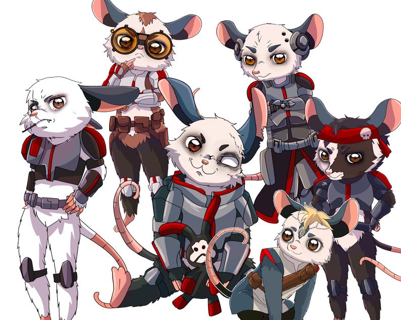 May include: Illustration of seven anthropomorphic mice, each with unique outfits and accessories. The mice have varying fur colors, including white, gray, and black, and wear outfits with red, gray, and brown accents. Some mice have goggles, headbands, and other gear.