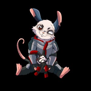 May include: An illustration of a cartoon character with white fur, blue and pink ears, and a gray and red outfit. The character is holding a black and red stuffed animal and has one eye closed. The background is black.