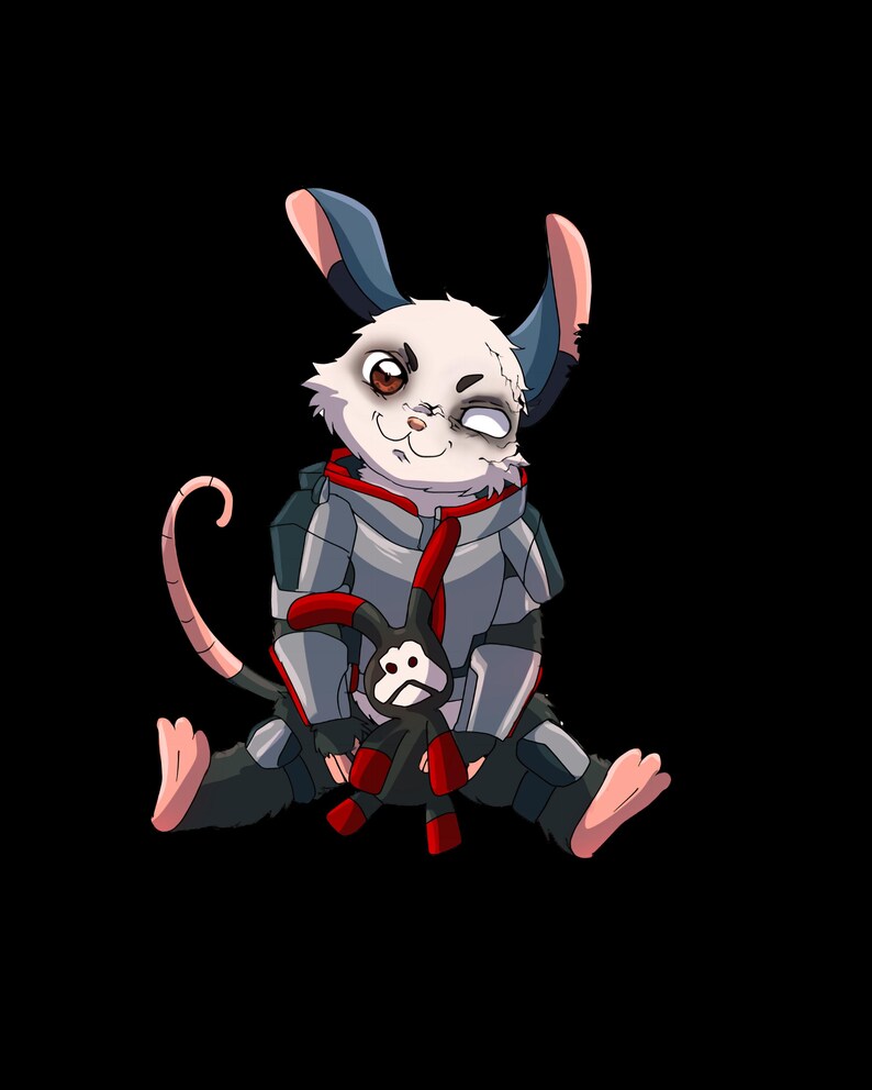May include: An illustration of a cartoon character with white fur, blue and pink ears, and a gray and red outfit. The character is holding a black and red stuffed animal and has one eye closed. The background is black.