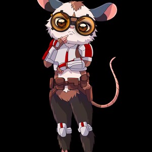 May include: A digital illustration of a mouse-like character wearing a white and red jumpsuit, brown utility belt, and goggles. The character has brown eyes and is standing against a black background. The mouse is in a thoughtful pose.