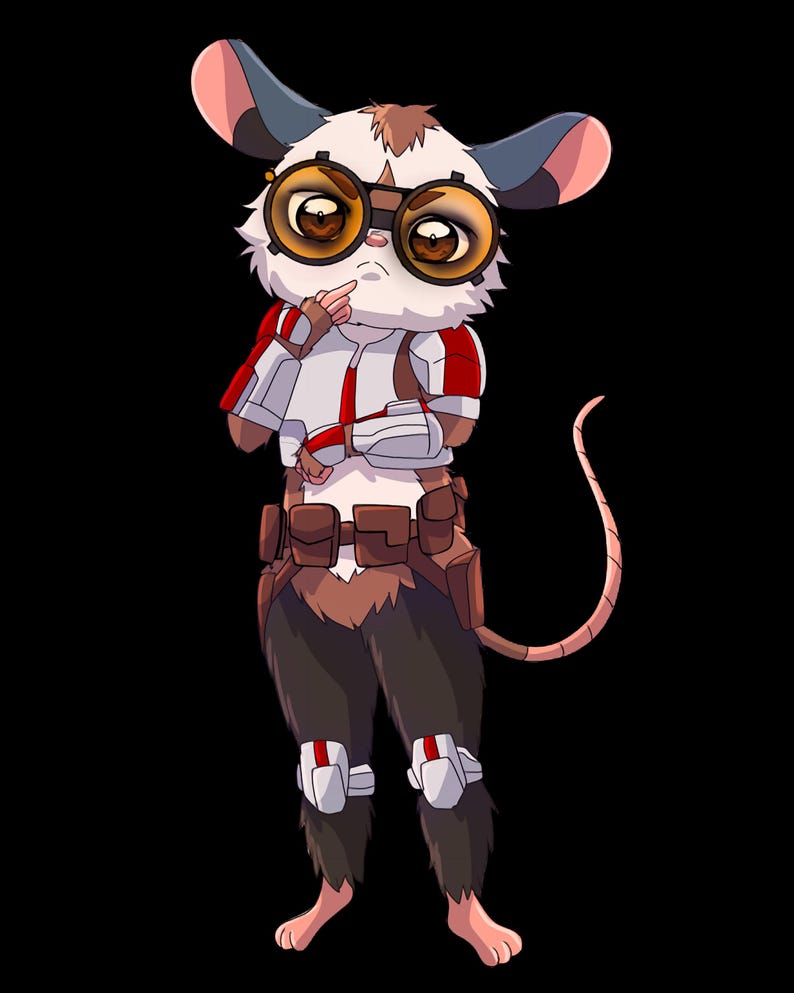May include: A digital illustration of a mouse-like character wearing a white and red jumpsuit, brown utility belt, and goggles. The character has brown eyes and is standing against a black background. The mouse is in a thoughtful pose.