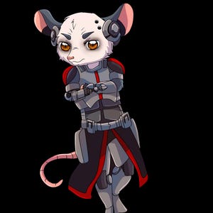 May include: A digital illustration of a mouse character in a futuristic armored suit. The mouse has white fur, large ears, and brown eyes. The armor is gray, black, and red, with a belt and a long tail. The background is black.