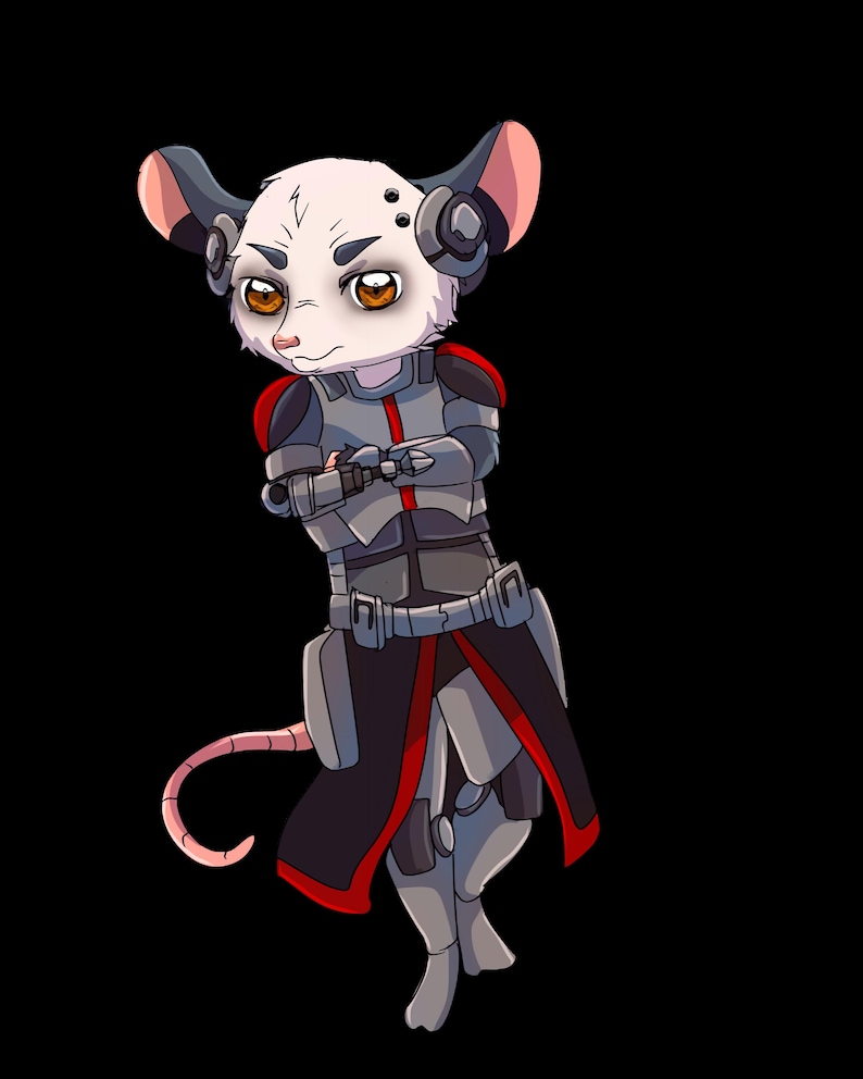 May include: A digital illustration of a mouse character in a futuristic armored suit. The mouse has white fur, large ears, and brown eyes. The armor is gray, black, and red, with a belt and a long tail. The background is black.