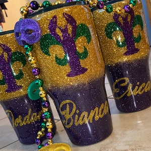 Vaso Mardi Gras Crawfish Purple y Gold Glitter
