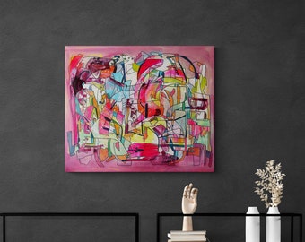 Original painting on canvas, 60x80cm "The Power of Pink" Colorful acrylic painting, wild and bold
