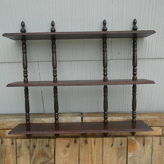 Vintage Wall Shelf Unit 3 Shelves With Decorative Dowels Stained Wood
