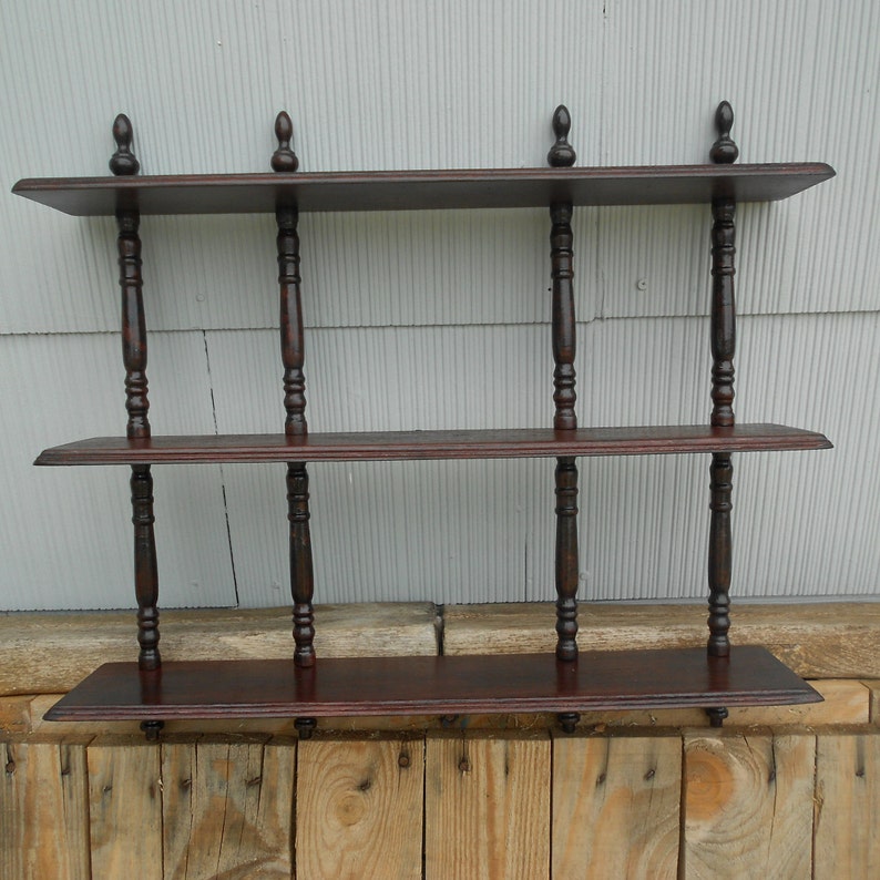 Vintage Wall Shelf Unit 3 Shelves With Decorative Dowels Stained Wood