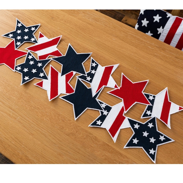 4th of July Table Runner, Small Table Runner Size 13x35", Embroidered American Stars and Stripes