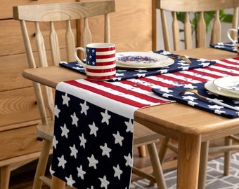 4th of July Independence Day Table Runner, USA, Embroidered American Stars and Stripes 14x72 "