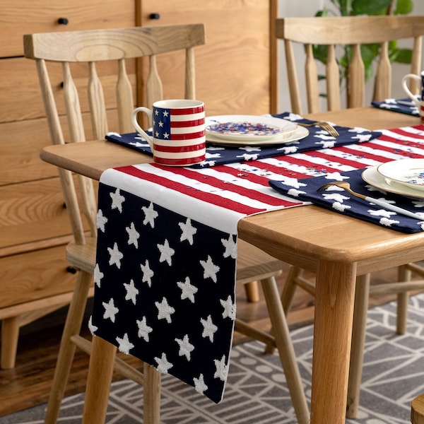 4th of July Independence Day Table Runner, USA, Embroidered American Stars and Stripes 14x72 "