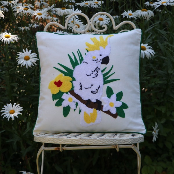 Cockatoo Tropical Bird Embroidery Decorative Throw Pillow cover