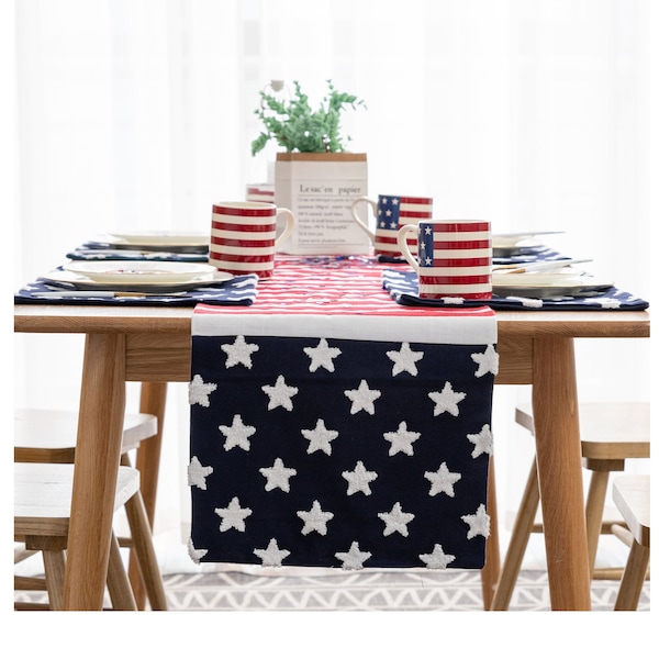 Embroidered American Flag Stars and Stripes Table Runner