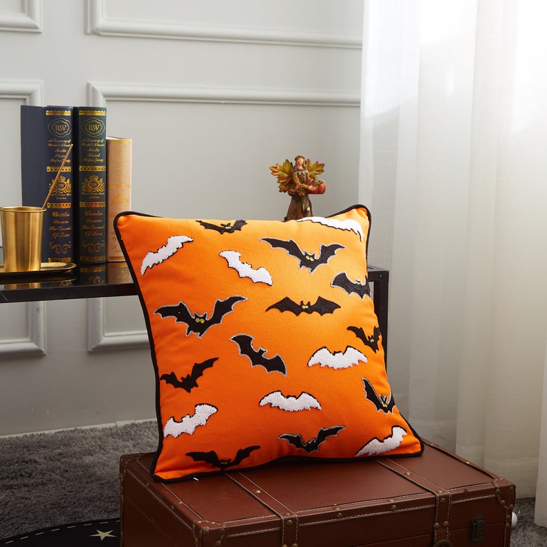 Halloween Bats Orange Pillow Cover image 1