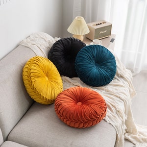 Round Cushions Pillows, Solid Color Velvet Chair Sofa Pumpkin Throw Pillow  Pleated Round Pillow for Home Bed Car Decor Floor Pillow Cushion (Yellow)