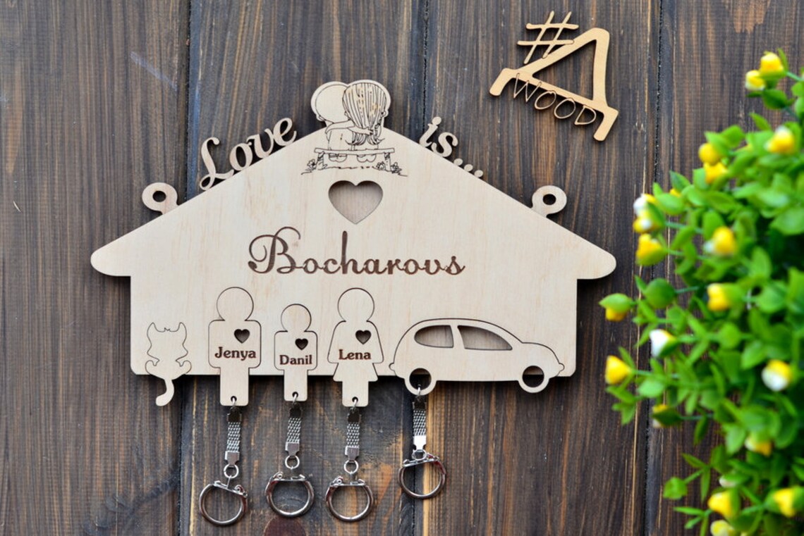Wooden Couples Keychain Family Key Holder Rustic Home Wall Etsy