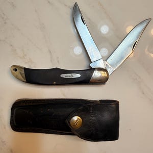 以下が含まれることがあります： 2枚の銀色の金属製ブレードと銀色のインレイが施された黒いハンドルを持つ折りたたみ式ポケットナイフ。ブレードにはBUCK 313の刻印があります。BUCKという文字が刻まれた金色のボタンが付いた黒いレザーシースが付属しています。