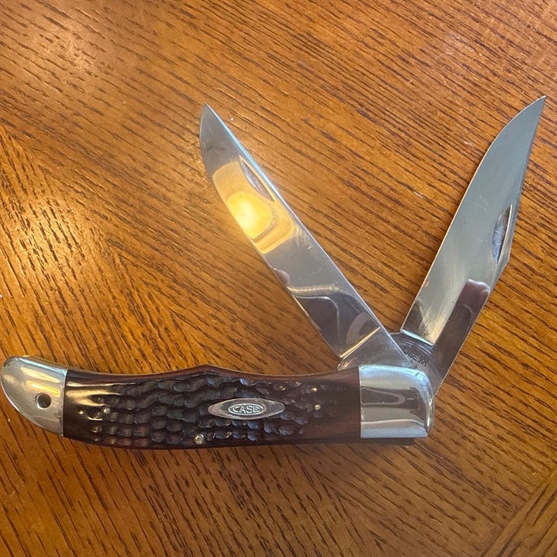 May include: A folding pocket knife with two polished stainless steel blades and a dark brown, textured jigged bone handle. The handle features a silver-colored metal bolster on each end and a small oval metal shield with the word CASE engraved.