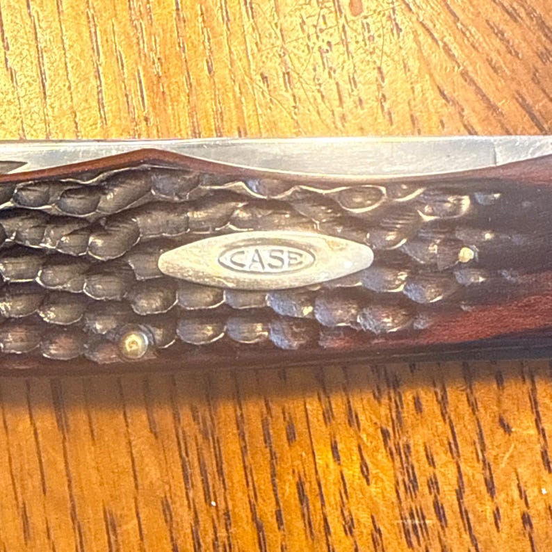 May include: A folding pocket knife with a dark brown, textured handle featuring a jigged bone pattern. An oval-shaped silver-colored metal inlay is embedded in the center of the handle, clearly displaying the word CASE in embossed capital letters.