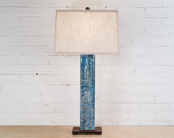 Handmade Iron Table Lamp with Linen Shade - Modern Rustic Rectangle Post Lighting (32")