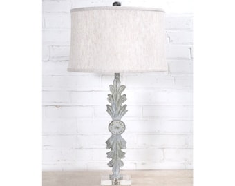 Handmade Iron Table Lamp with Linen Shade, Acrylic Base - Modern Rustic Leaf Lighting (29")