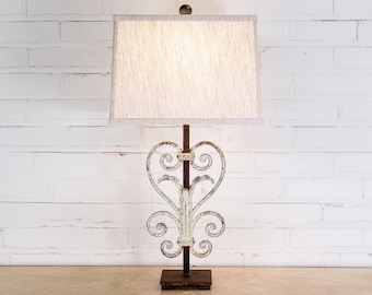 Handmade Iron Table Lamp with Linen Shade - Modern Rustic Heart Scroll Lighting (25")