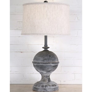 Handmade Vintage Style Lamp With Linen Shade - Gray Table Lamp - 29&quot; Tall Accent Lamp - Cast Iron Table Lamp - French Country Lamp - Cottage