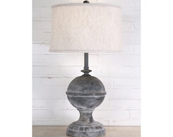Handmade Vintage Style Lamp With Linen Shade - Gray Table Lamp - 29" Tall Accent Lamp - Cast Iron Table Lamp - French Country Lamp - Cottage