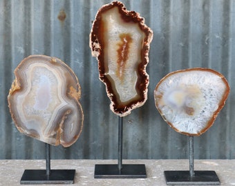 Agate Slice on Stand, Set of Three, Polished Natural Brazilian Agate with Metal Base, Crystal Decor, Home Decor, Tabletop Decor,Gift For Her