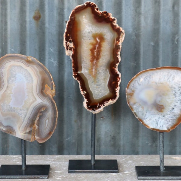 Agate Slice on Stand, Set of Three, Polished Natural Brazilian Agate with Metal Base, Crystal Decor, Home Decor, Tabletop Decor,Gift For Her