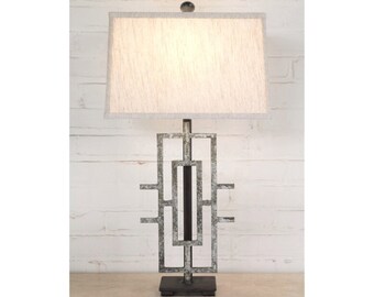 Handmade Iron Table Lamp with Linen Shade - Modern Rustic Geometric Lighting (26")