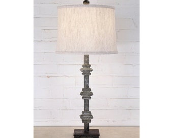 Handmade Iron Table Lamp with Linen Shade - Modern Rustic Square Collar Lighting (28")