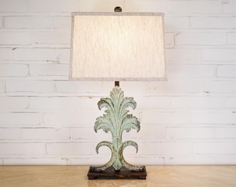 Handmade Iron Table Lamp with Linen Shade - Modern Rustic Acanthus Lighting (26")