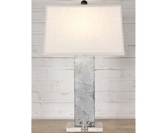 Handmade Iron Table Lamp with Linen Shade, Acrylic Base - Modern Rustic Rectangle Lighting (27")