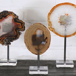 Agate Slice on Stand, Set of Three, Polished Natural Brazilian Agate with Acrylic/Lucite Base, Crystal Decor, Home Decor, Tabletop Decor