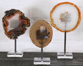 Agate Slice on Stand, Set of Three, Polished Natural Brazilian Agate with Acrylic/Lucite Base, Crystal Decor, Home Decor, Tabletop Decor