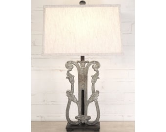 Handmade Iron Table Lamp with Linen Shade – Modern Rustic Tulip Lighting (26")