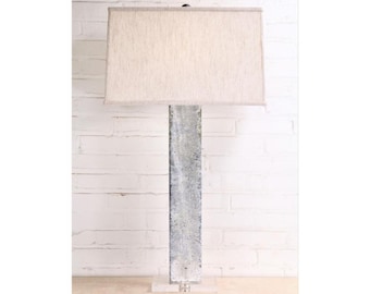 Handmade Iron Table Lamp with Linen Shade, Acrylic Base - Modern Rustic Rectangle Lighting (37")