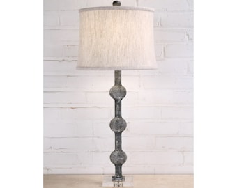 Handmade Iron Table Lamp with Linen Shade, Acrylic Base - Modern Rustic Spheres Lighting (33")