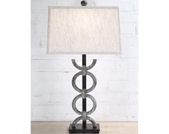 Handmade Iron Table Lamp with Linen Shade – Modern Rustic Rings Lighting (26")