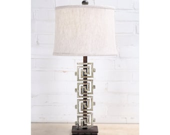 Handmade Iron Table Lamp with Linen Shade - Modern Rustic Meandros Lighting (26")