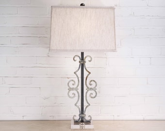 Handmade Iron Table Lamp with Linen Shade, Acrylic Base – Modern Rustic Scroll Lighting (30")