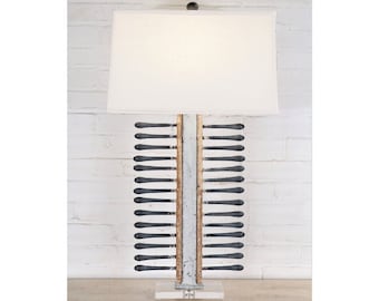 Handmade Vintage Balloon Mold Table Lamp, Linen Shade, Acrylic Base - Modern Rustic Lighting (33")