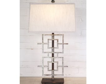 Handmade Iron Table Lamp with Linen Shade - Modern Rustic Squares Lighting (31")