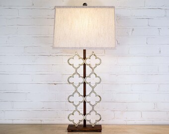 Handmade Iron Table Lamp with Linen Shade, Modern Rustic Quatrefoil Lighting (34")
