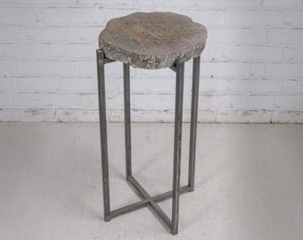 Handmade Faux Bois End Table, Steel Base - Modern Rustic Furniture (24")