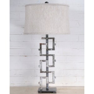 Handmade Iron Table Lamp with Natural Linen Shade - Greek Key Table Lamp - Table Lamp for Living Room, Dining Room, Bedroom, Entryway